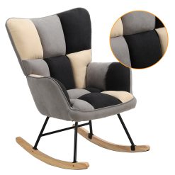 Schaukelstuhl - Moderner Holzsessel mit Leinenbezug, ergonomischer Schaukelstuhl für Wohnzimmer & Leseecke 150 kg Belastbarkeit (Patchwork mit weiß, grau und schwarz, 98,5CM X 71CM X 91CM)