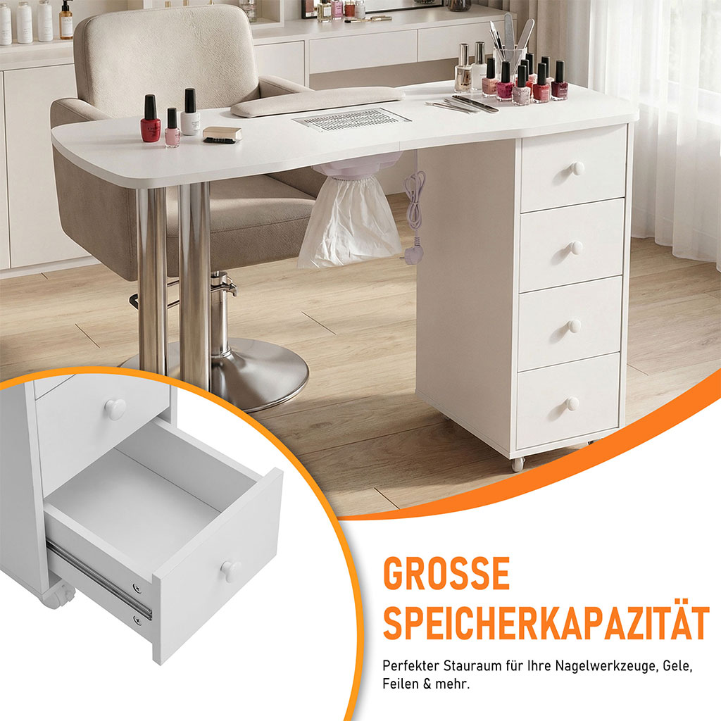 Manikürtisch mit Staubabsaugung Nageltisch 4 Schubladen weiß 47x120x80cm – Bild 3