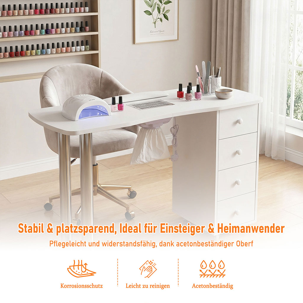 Manikürtisch mit Staubabsaugung Nageltisch 4 Schubladen weiß 47x120x80cm – Bild 4