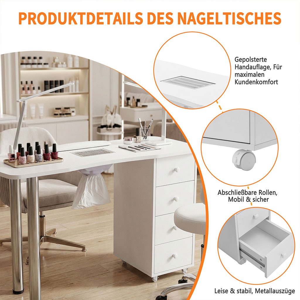 Manikürtisch mit Staubabsaugung Nageltisch 4 Schubladen weiß 47x120x80cm – Bild 6