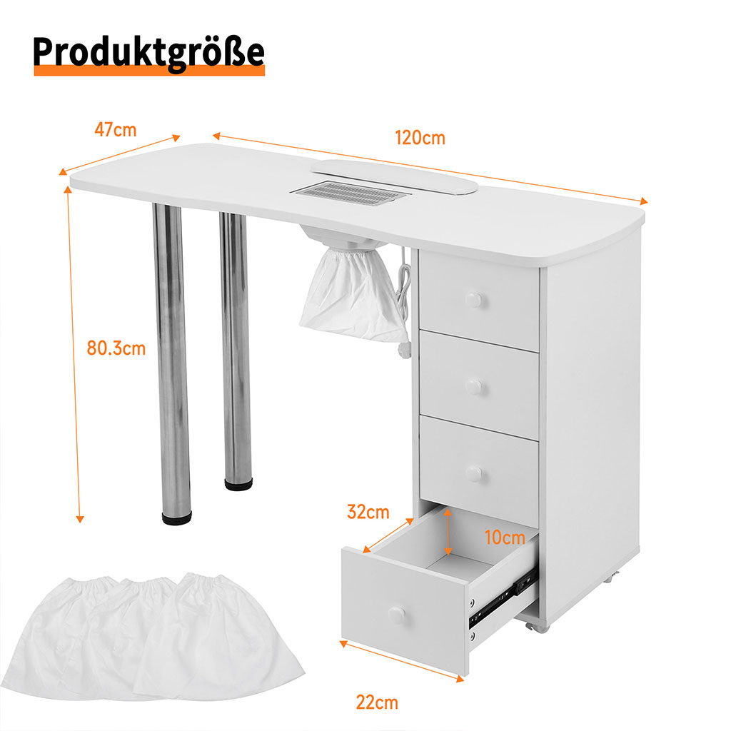 Manikürtisch mit Staubabsaugung Nageltisch 4 Schubladen weiß 47x120x80cm – Bild 12