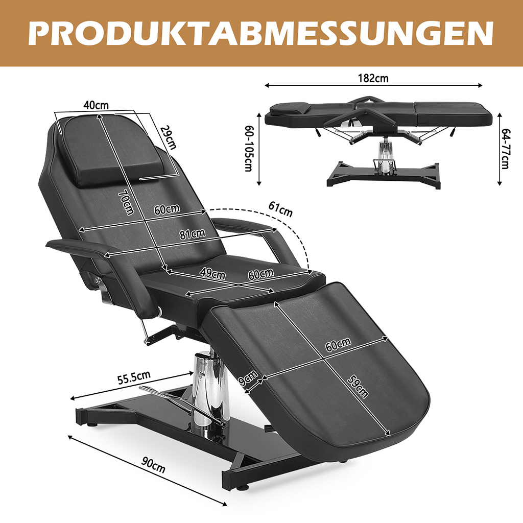Massageliege hydraulisch verstellbar Massagetisch 3-fach klappbar schwarz 182x55x60cm – Bild 3
