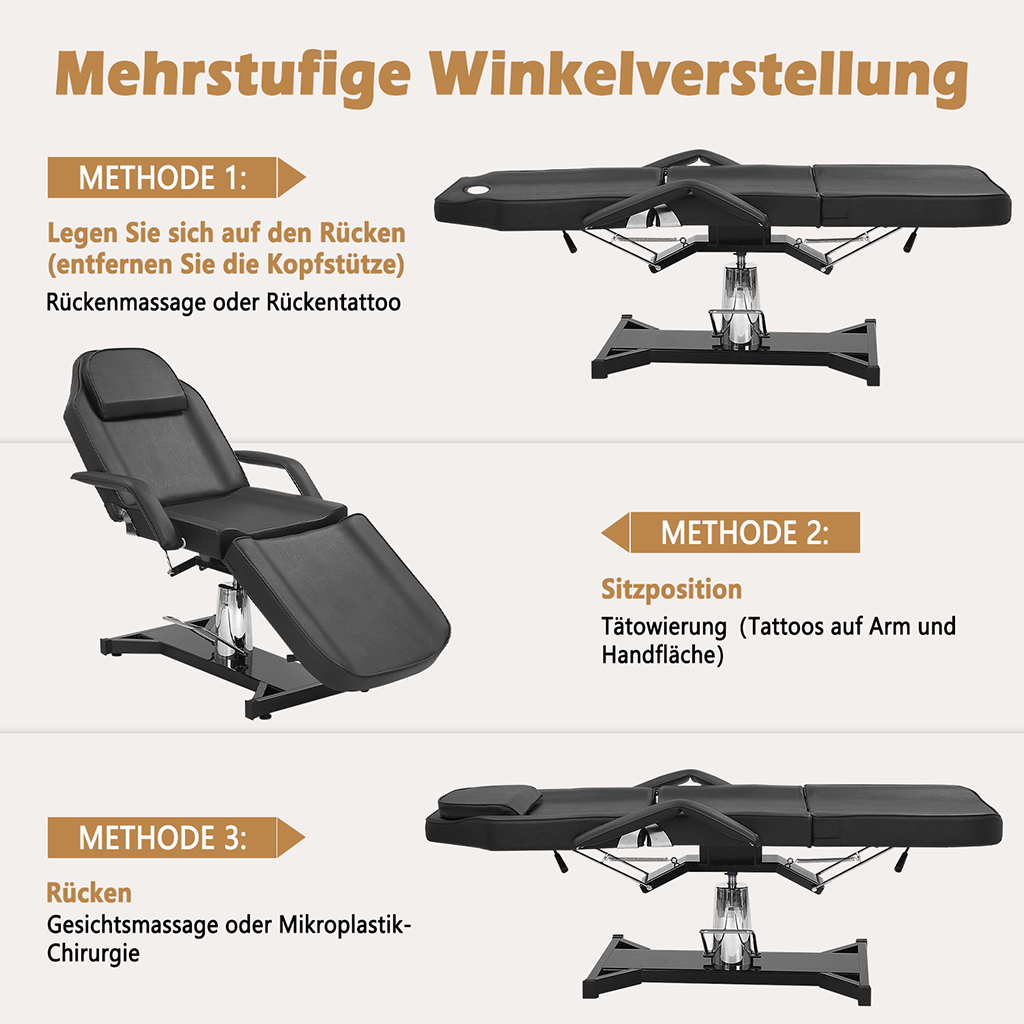 Massageliege hydraulisch verstellbar Massagetisch 3-fach klappbar schwarz 182x55x60cm – Bild 5