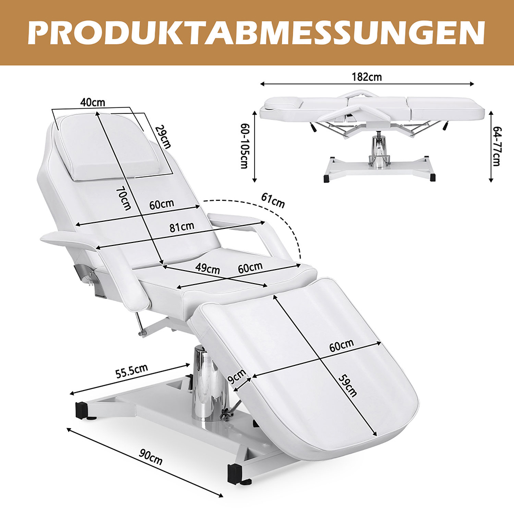 Massageliege hydraulisch verstellbar Massagetisch 3-fach klappbar weiß 182x55x60cm – Bild 9