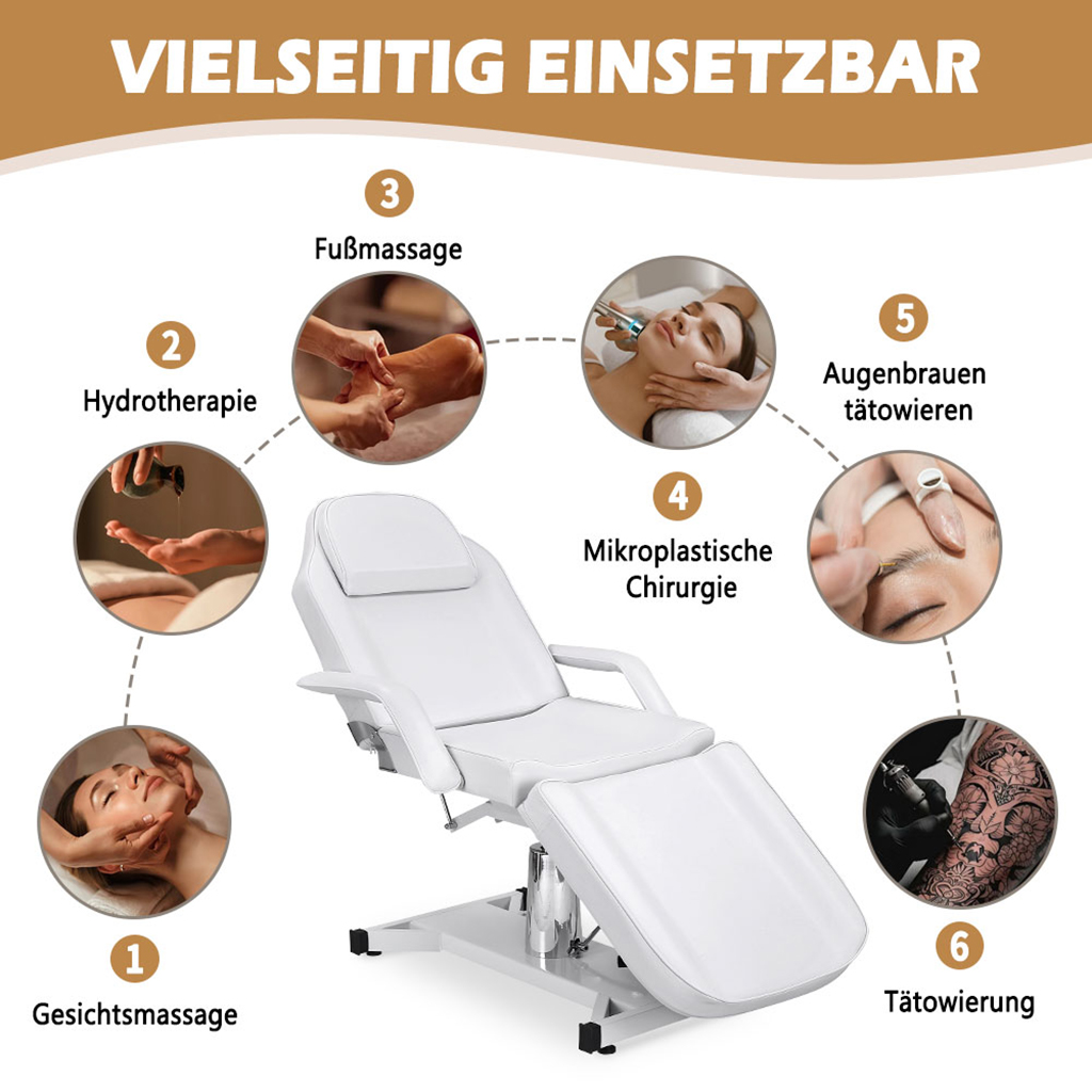 Massageliege hydraulisch verstellbar Massagetisch 3-fach klappbar weiß 182x55x60cm – Bild 3