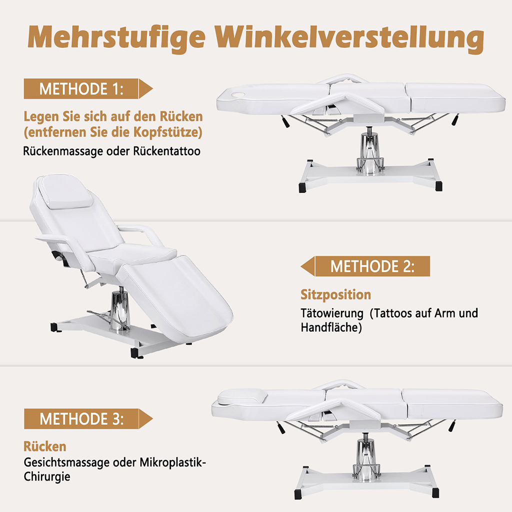 Massageliege hydraulisch verstellbar Massagetisch 3-fach klappbar weiß 182x55x60cm – Bild 4