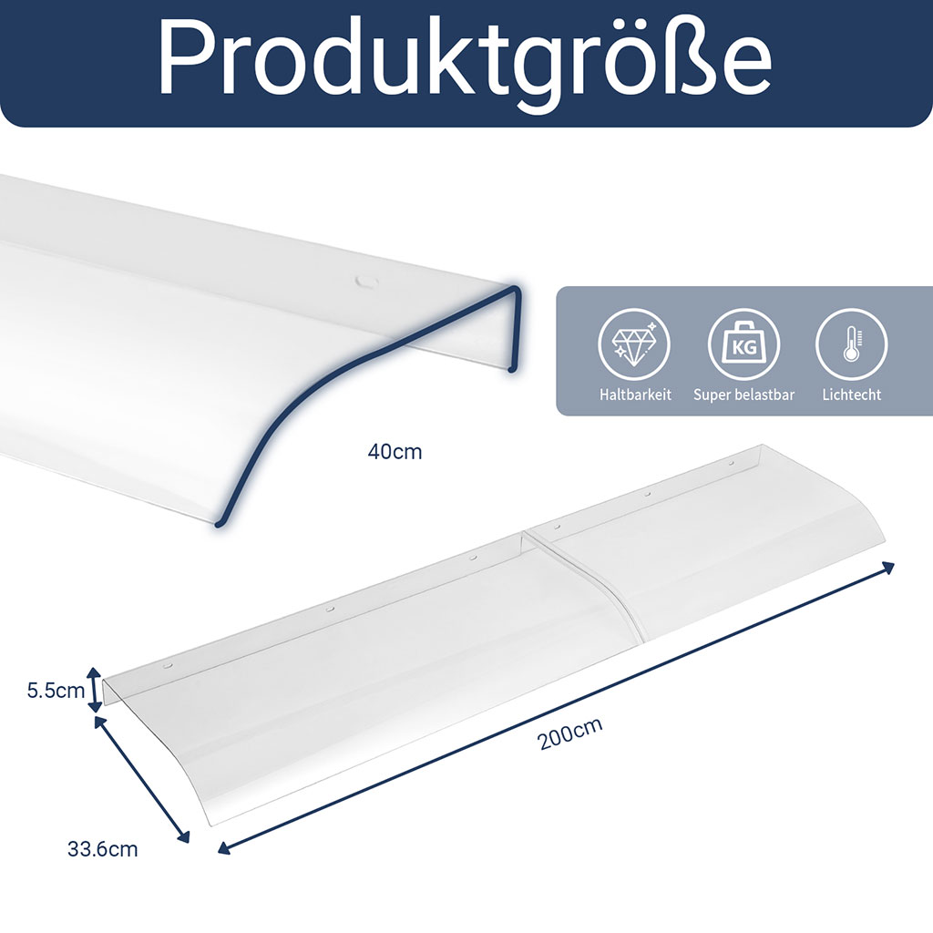 2er-Set Vordach Haustür transparent Polycarbonat Überdachung 100x33,6x5,5 cm – Bild 6