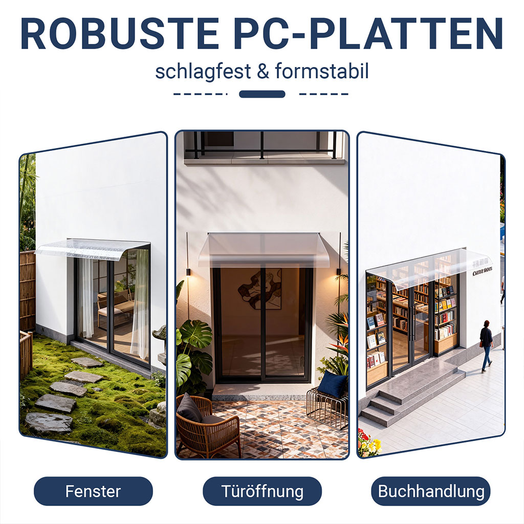 Vordach Haustür Transparent Polycarbonat Überdachung Flachmontage 100x44x6 cm – Bild 5