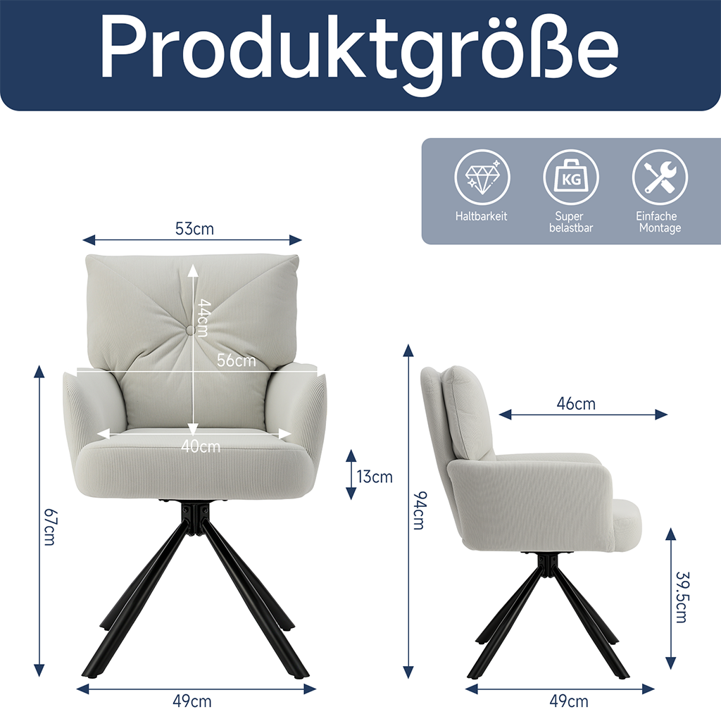 Esszimmerstühle 360° drehbar mit Armlehnen Küchenstuhl weiß 49x53x94cm – Bild 8