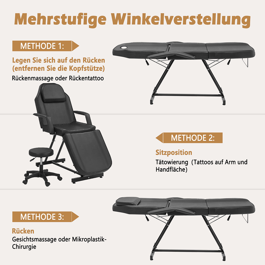 Massageliege 3-fach klappbar Massagetisch mit Hocker schwarz 182x55x74cm – Bild 3