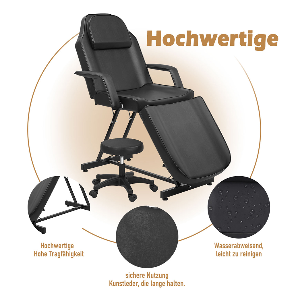 Massageliege 3-fach klappbar Massagetisch mit Hocker schwarz 182x55x74cm – Bild 4