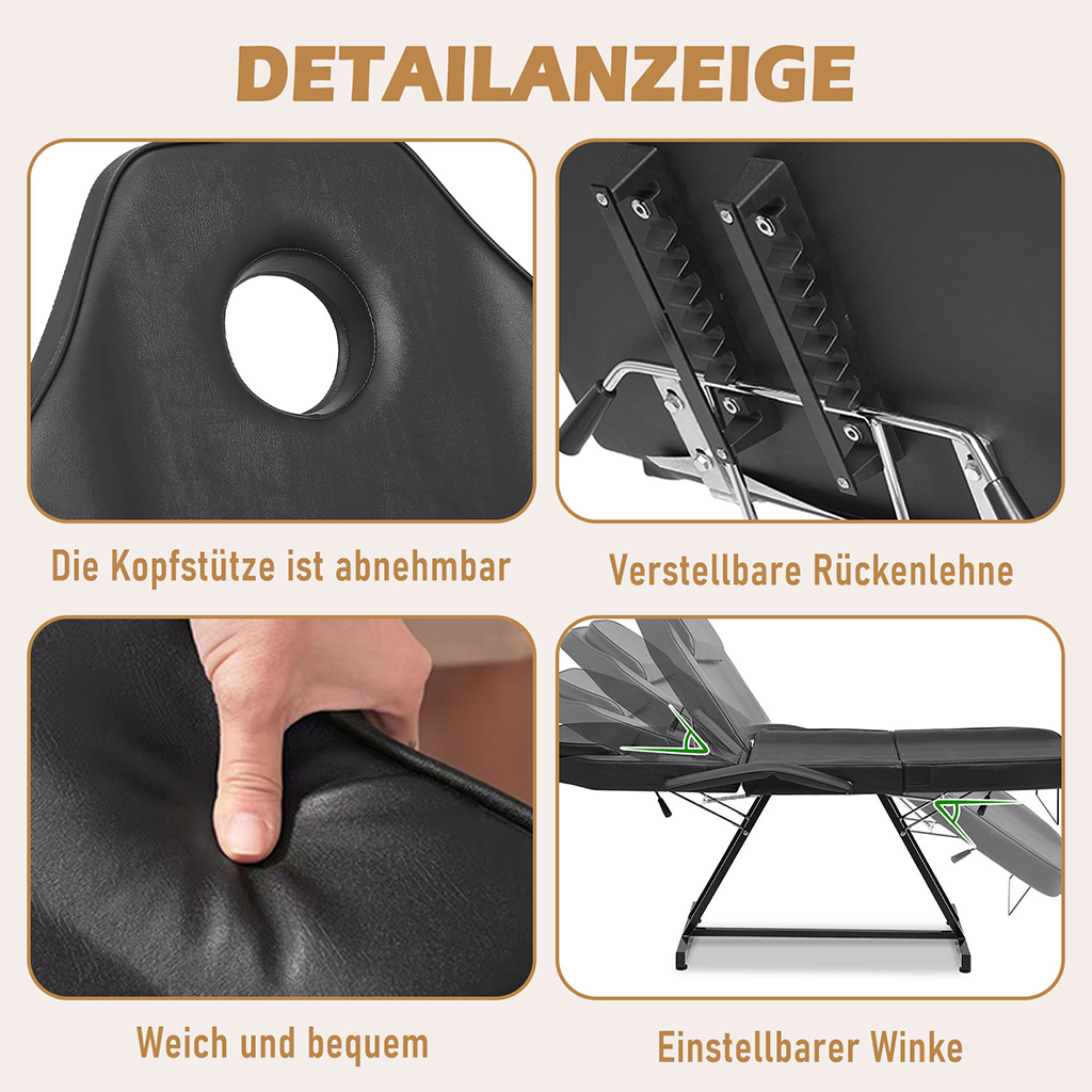 Massageliege 3-fach klappbar Massagetisch mit Hocker schwarz 182x55x74cm – Bild 5
