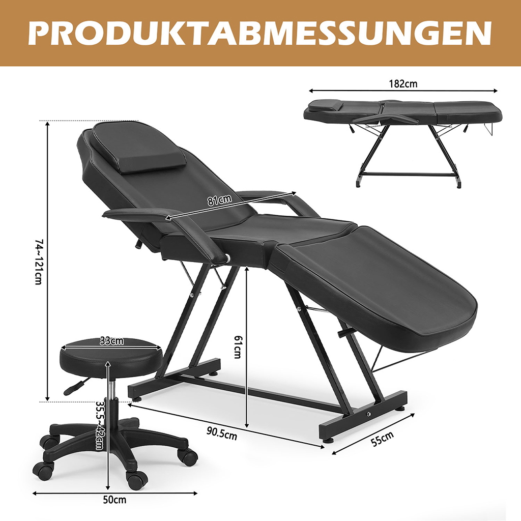 Massageliege 3-fach klappbar Massagetisch mit Hocker schwarz 182x55x74cm – Bild 7