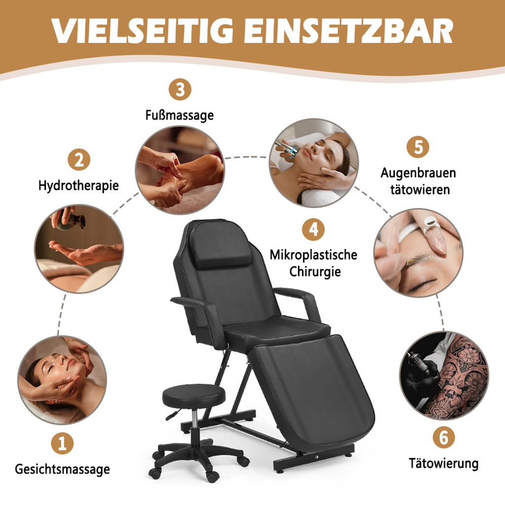 Massageliege 3-fach klappbar Massagetisch mit Hocker schwarz 182x55x74cm – Bild 2