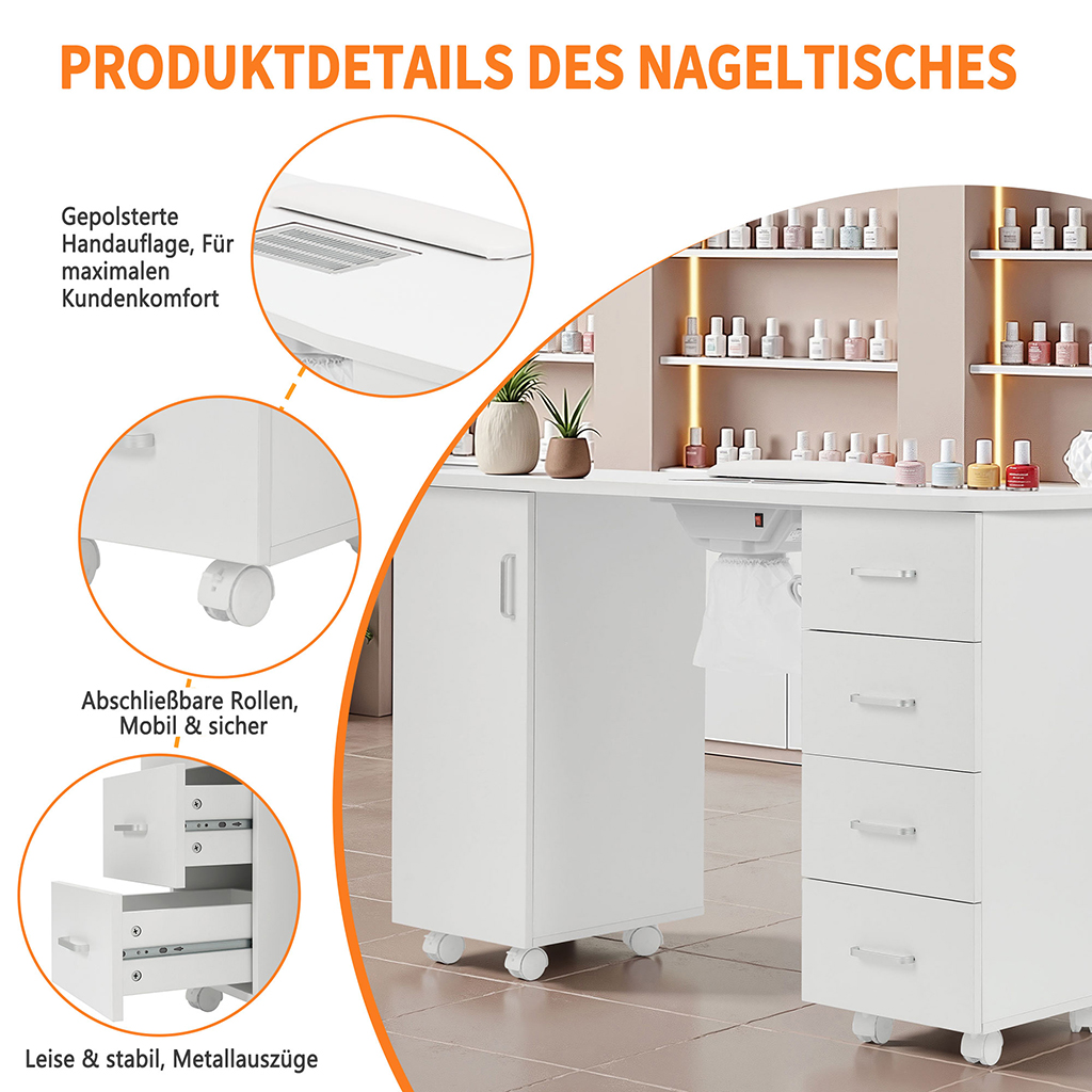 Manikürtisch Schrank 2 Ebenen Nageltisch 4 Schubladen weiß 47.5x120x82cm